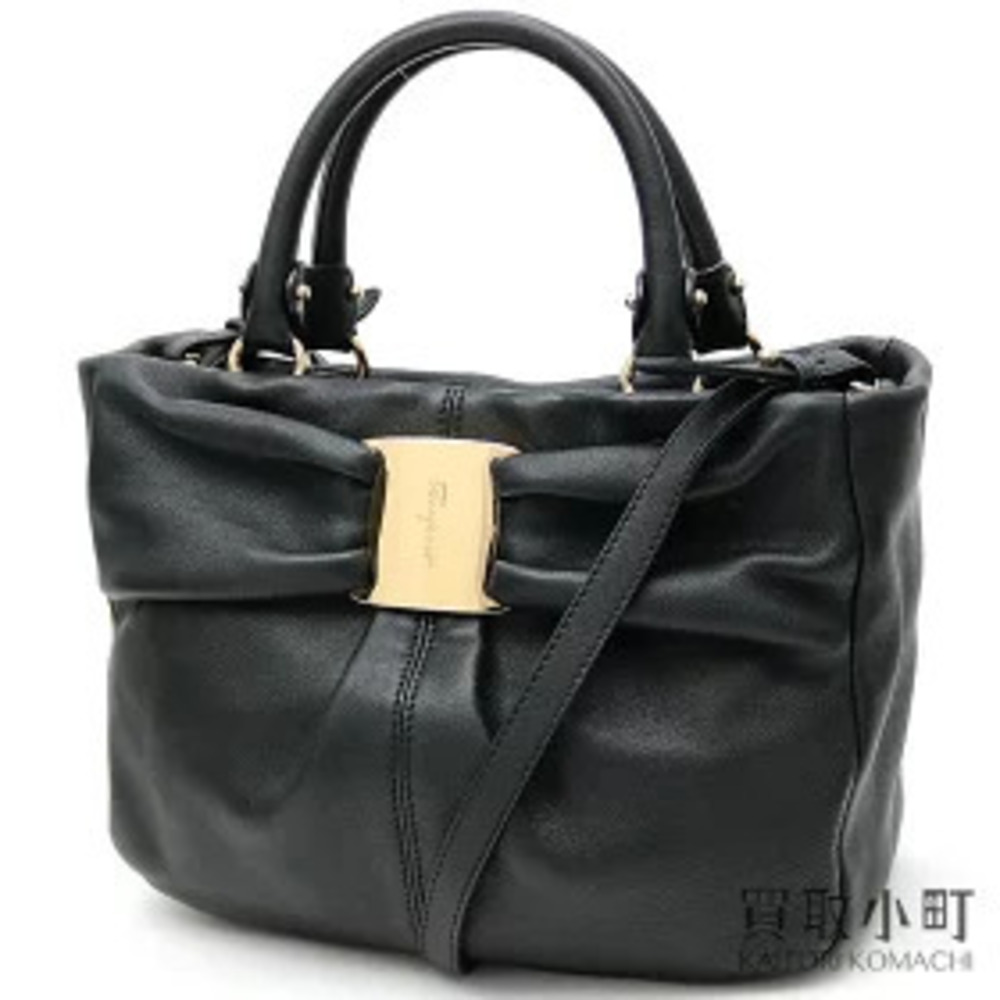 Salvatore Ferragamo Vara Bow Handbag Black Leather Shoulder Tote Bag Crossbody